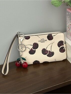 Coach Corner Zip Wristlet Wallet with Cherry Print and Cherry Charm